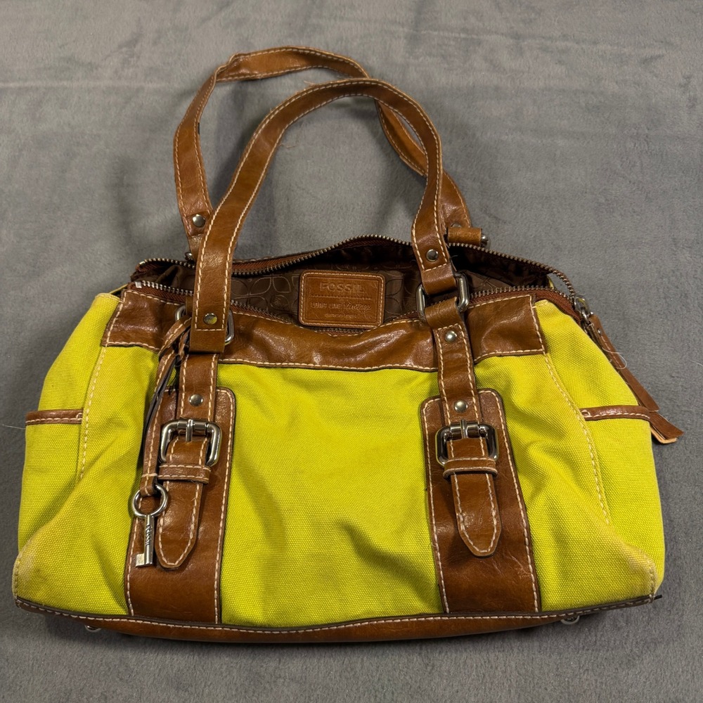 Fossil Long Live Vintage Lime Green Canvas Brown Leather Satchel Shoulder Bag